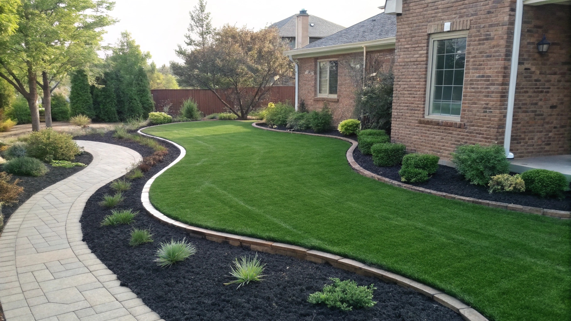 Custom curved synthetic lawn design integrated with garden beds
