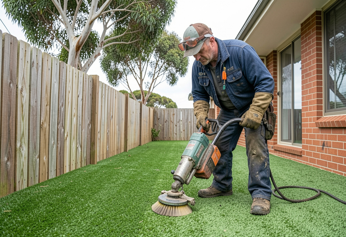 Synthetic grass cleaning and maintenance being carried out on an installed lawn
