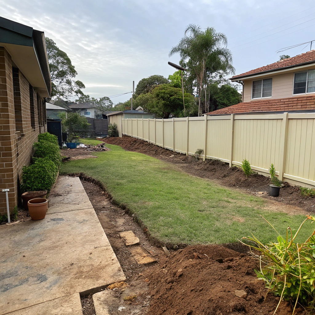 Ground-level view of a residential backyard in Wollongong during old lawn removal