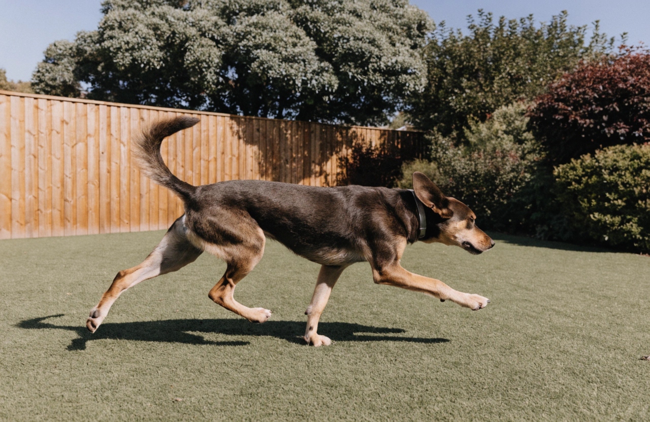 Large dog running on pet turf surface in a Wollongong backyard