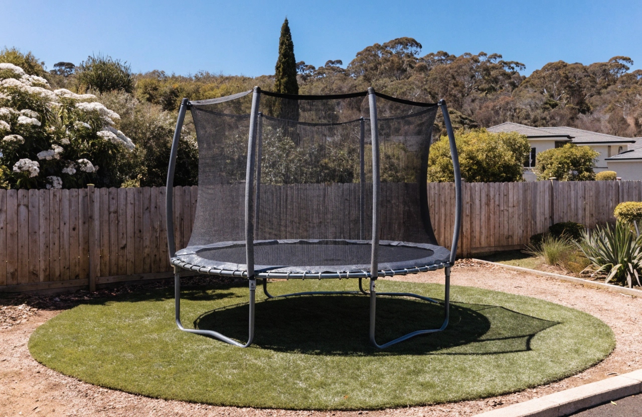 A large round backyard trampoline with safety enclosure set on synthetic grass