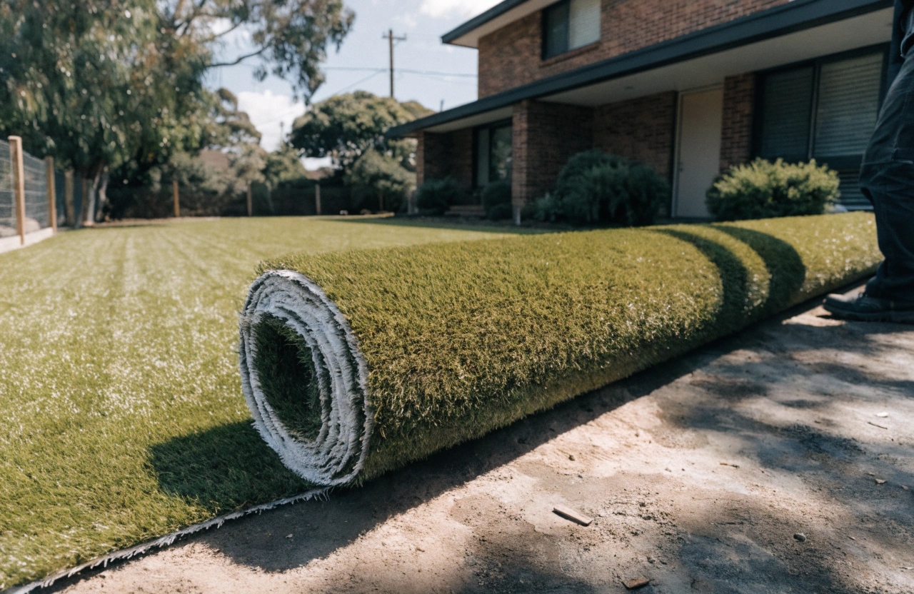 Synthetic grass roll being unrolled across a residential backyard in Wollongong
