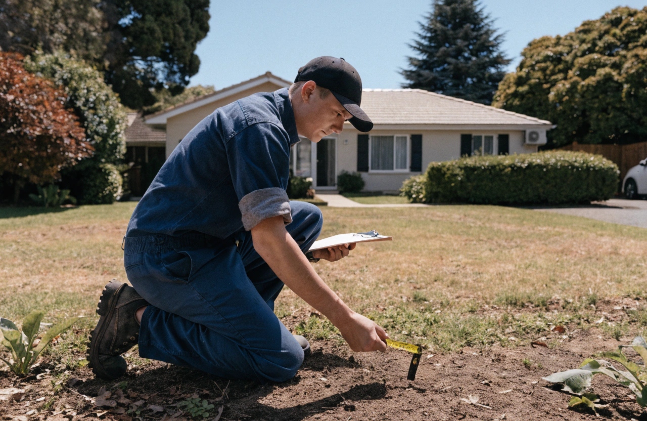 Tradesperson kneeling in a backyard taking measurements for a quote