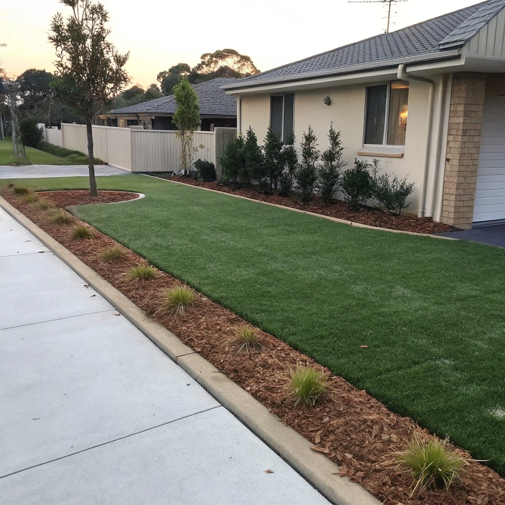 Artificial grass integrating cleanly with garden beds and driveway in Wollongong front yard