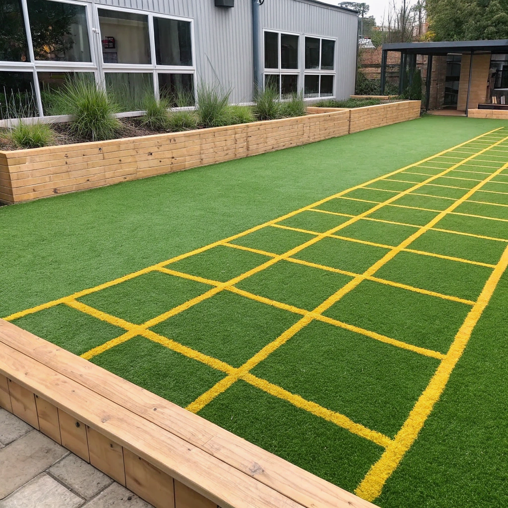 Coloured synthetic grass play zones with hopscotch grid installed at a Wollongong childcare centre