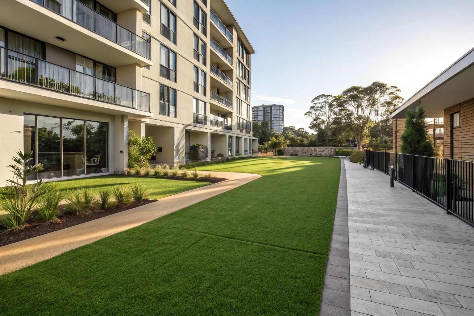 Commercial synthetic turf installation on a sun-exposed surface