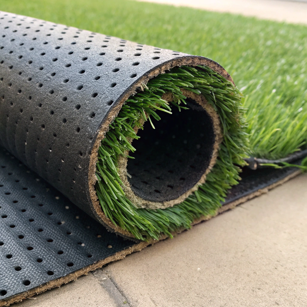 Artificial grass being cut from the backing side for precise cut-to-size supply