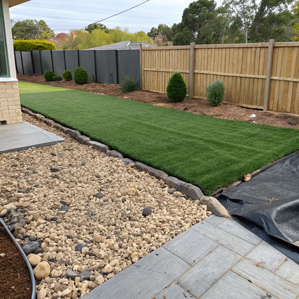 DIY synthetic grass installation in a Wollongong residential backyard showing turf being laid over compacted base
