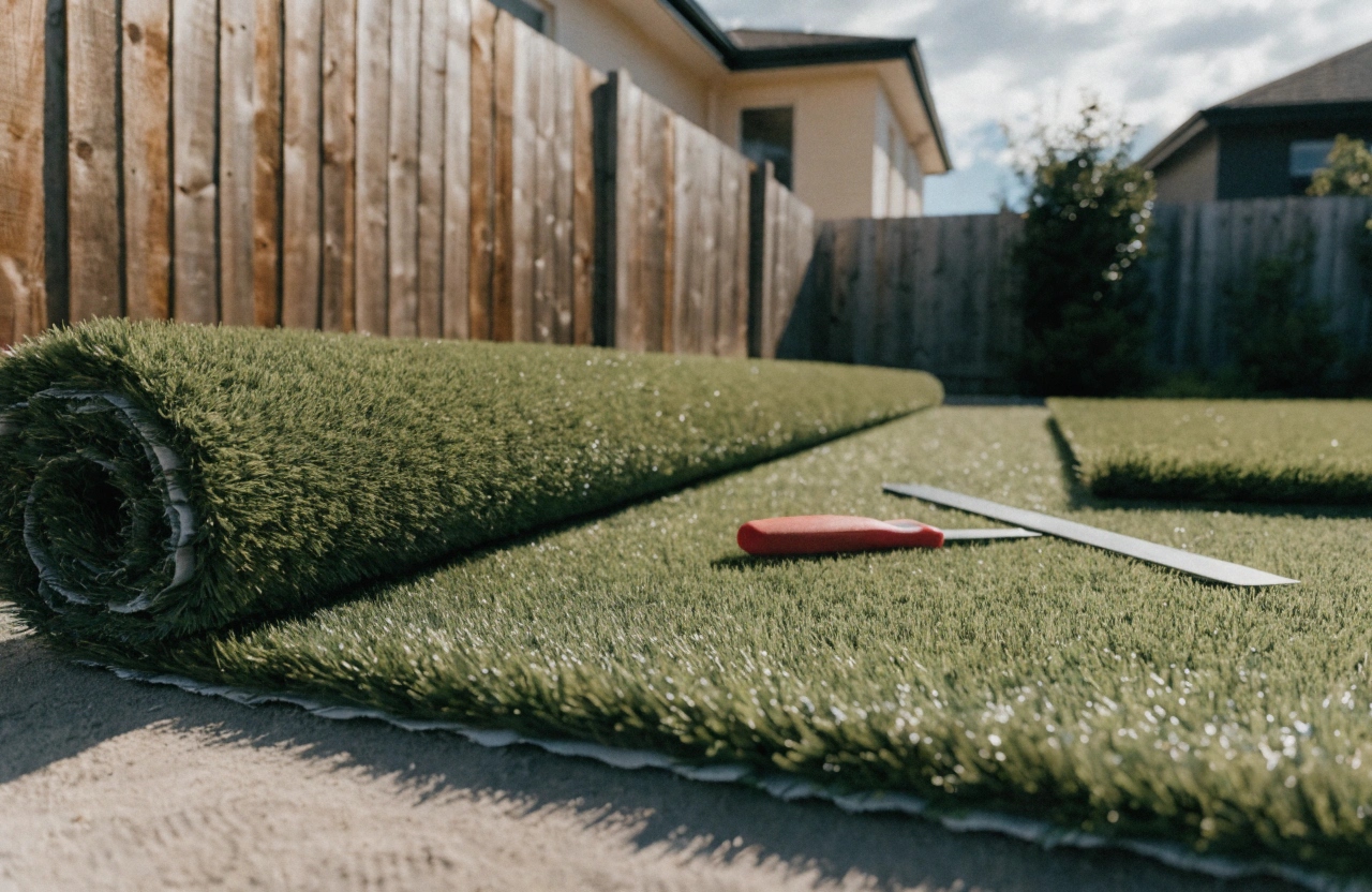 Green synthetic pet turf being laid and trimmed in a Wollongong backyard