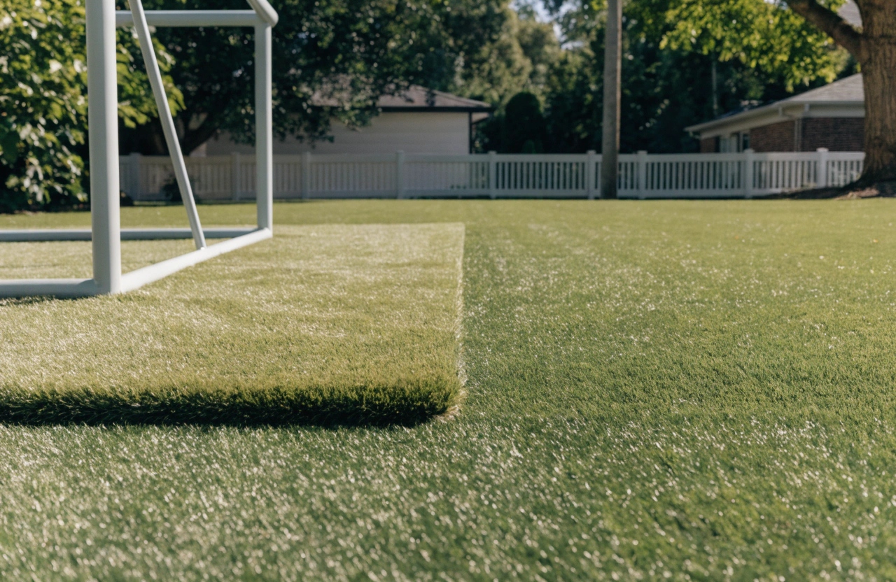 Clean transition between soft fall synthetic grass zone and surrounding standard synthetic lawn in a Wollongong backyard