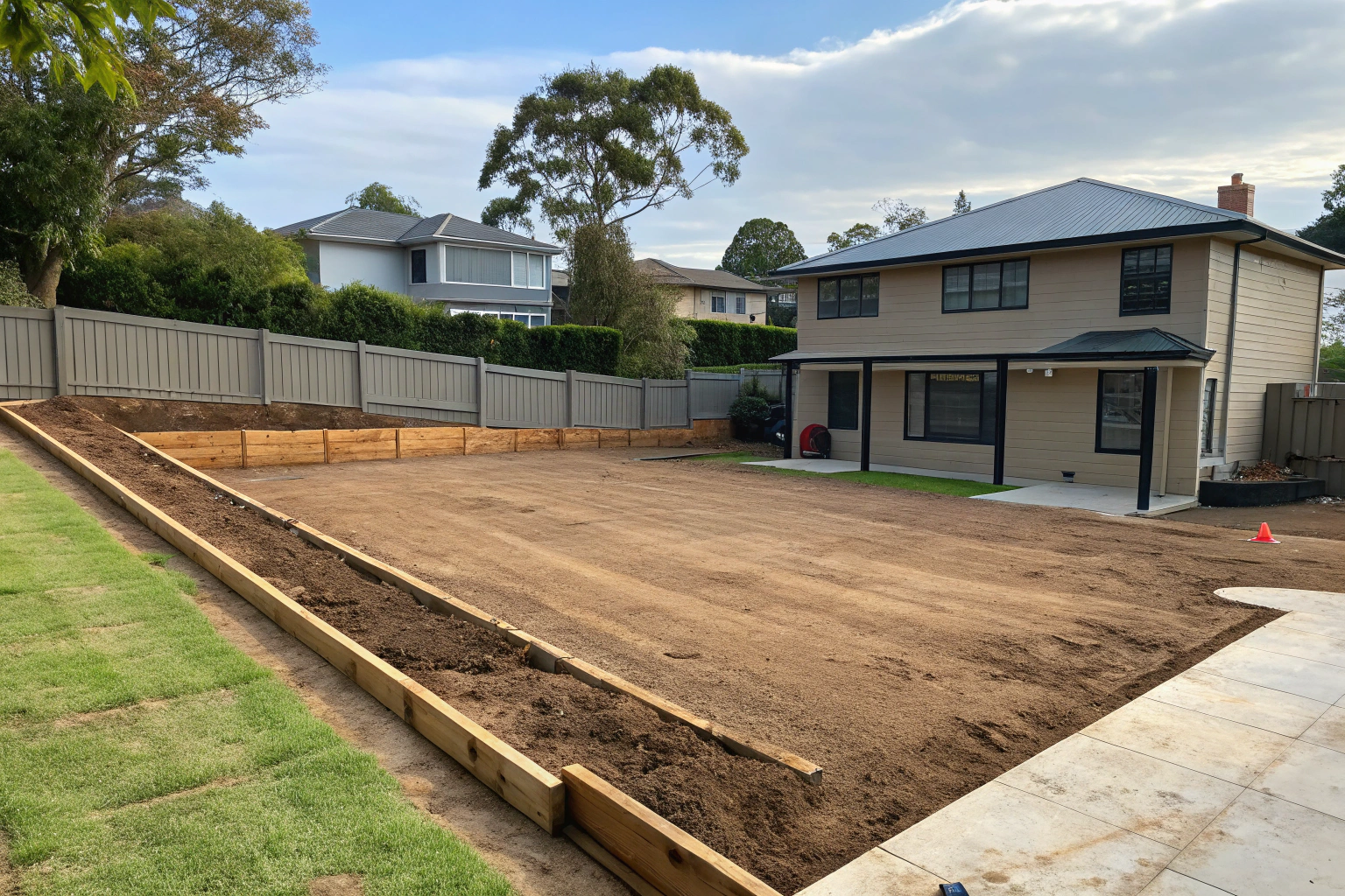 Ground levelling and grading after lawn removal at a Wollongong property