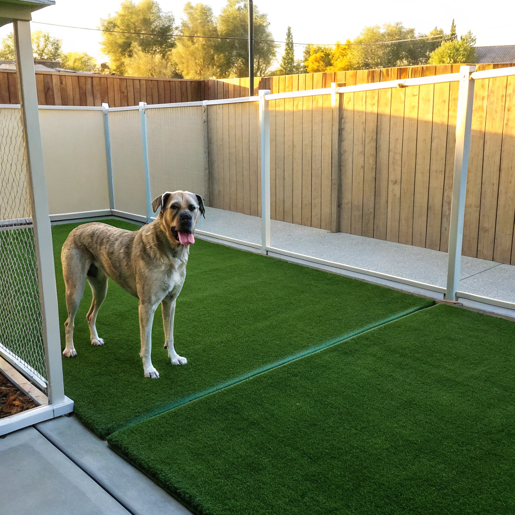 Large active dog on pet-grade artificial turf in a residential dog run