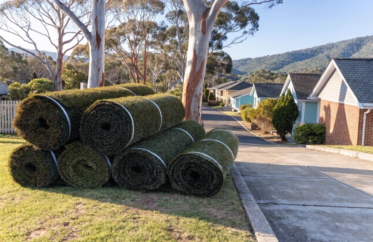 Stacked rolls of premium artificial turf ready for supply across the Illawarra