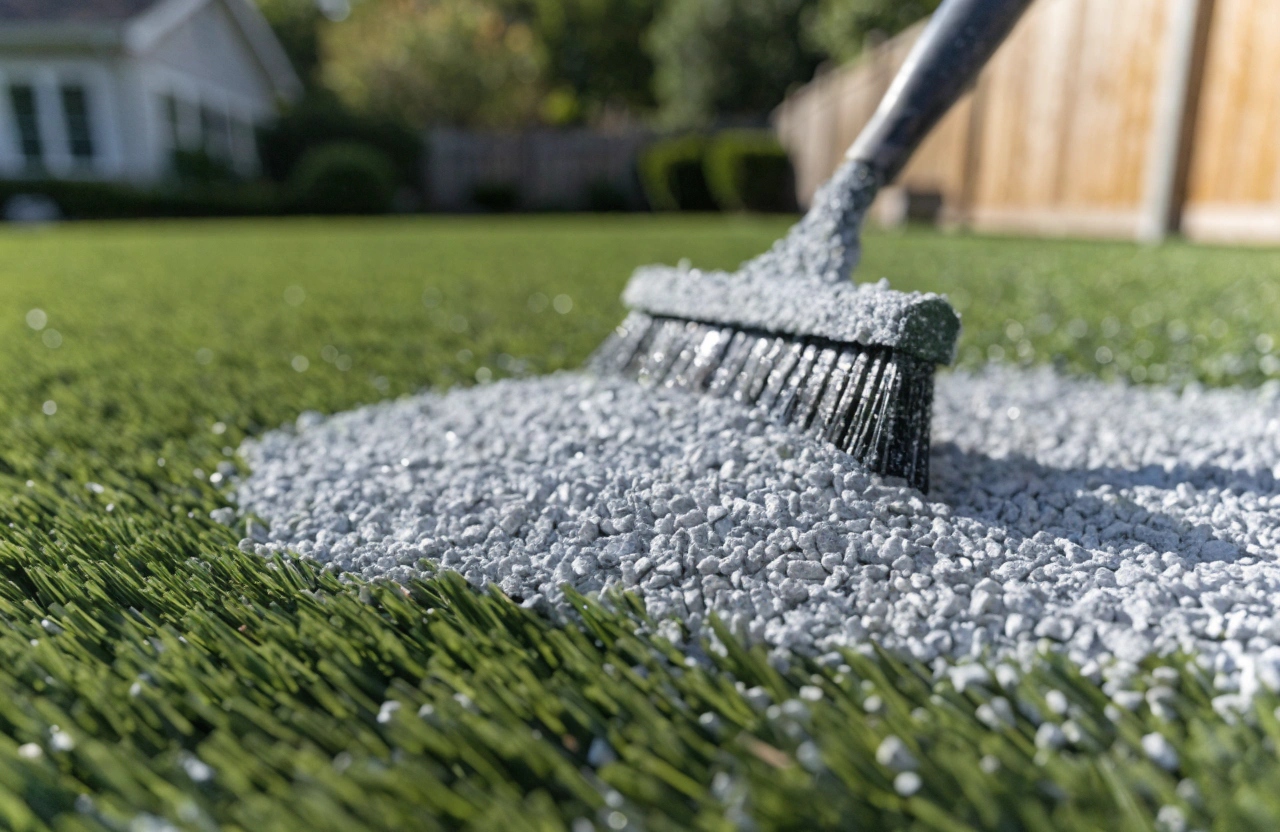 Pale grey zeolite infill granules being spread evenly across synthetic turf