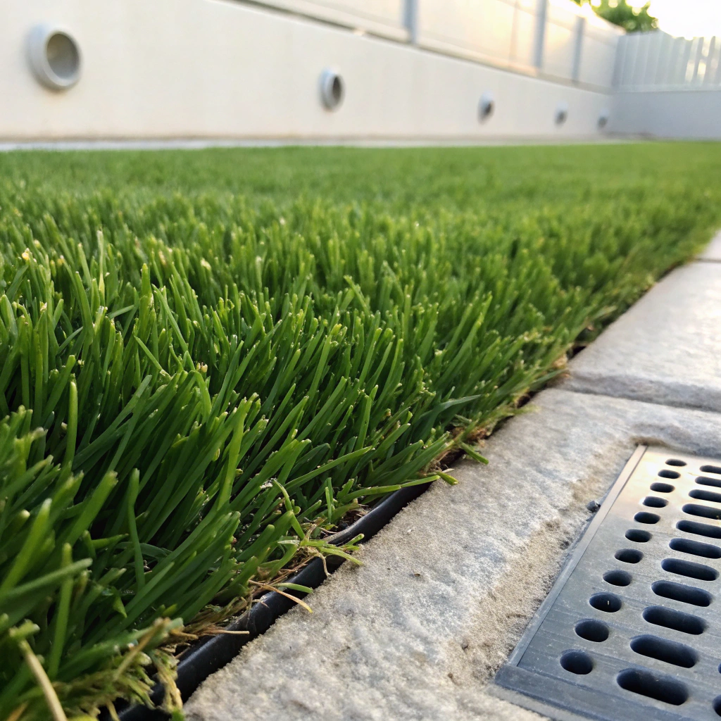 Pet-friendly synthetic grass in a Wollongong backyard showing close-up blade texture and drainage perforations