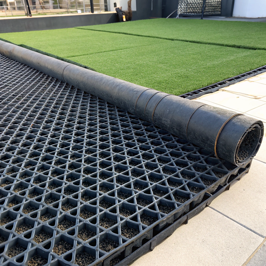 Rooftop drainage cell layer installed beneath artificial turf