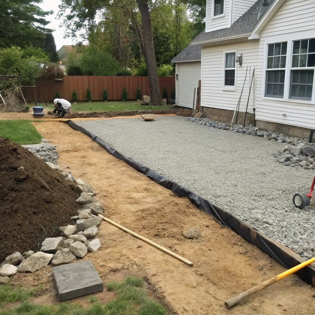Compacted base construction underway for a synthetic grass installation