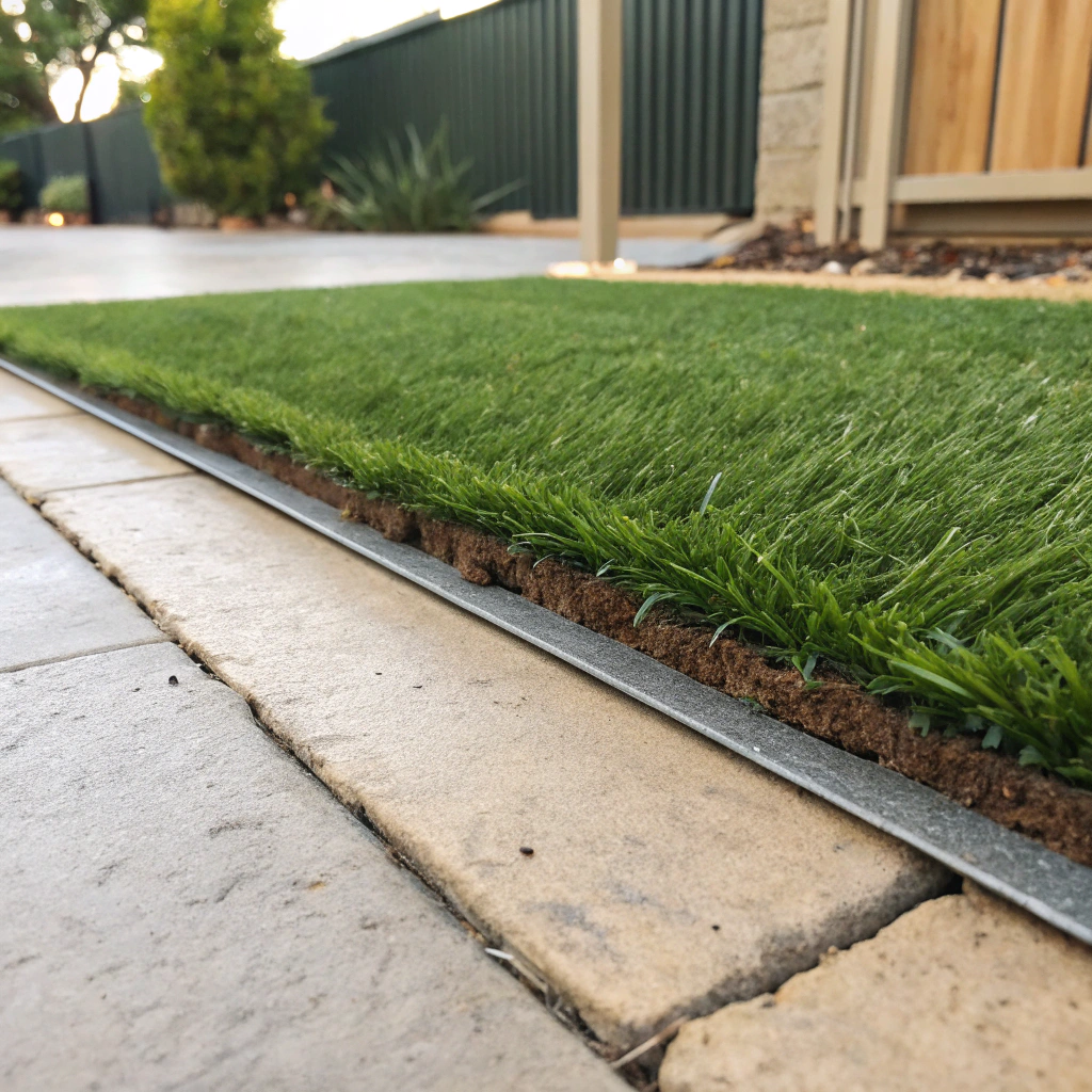 Finished synthetic grass edge treatment along a garden border in Wollongong