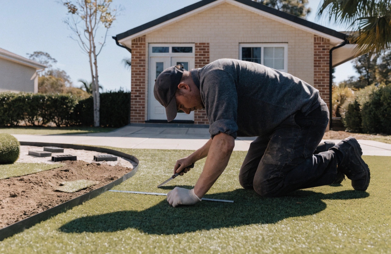 Synthetic grass being cut to size for a courtyard installation in Wollongong