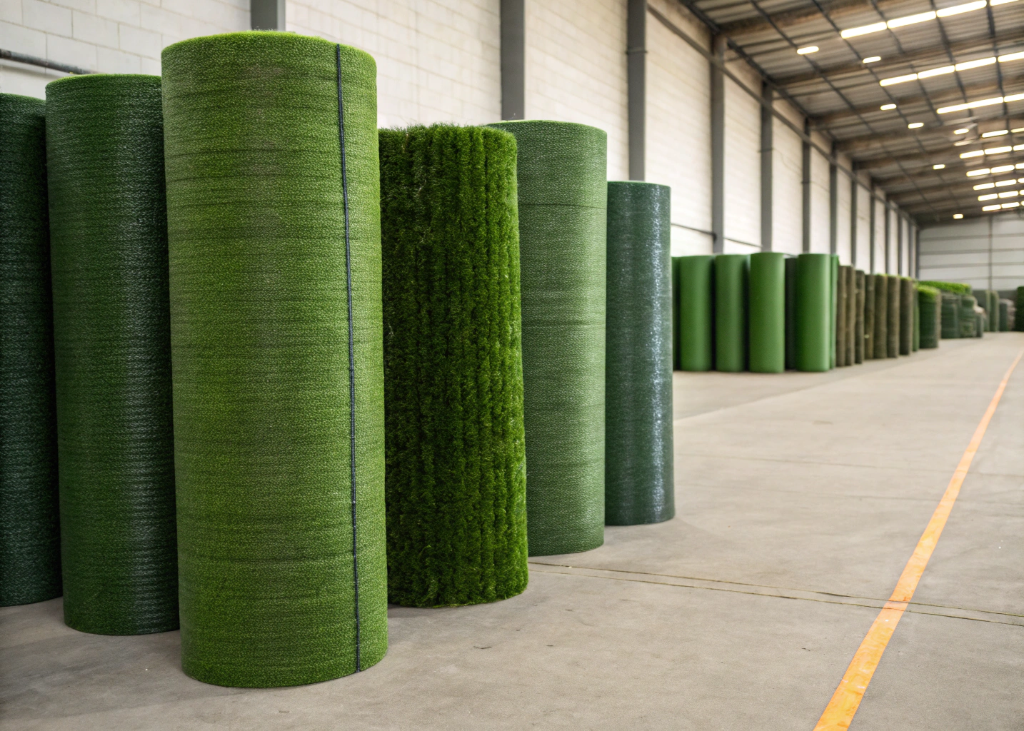 Synthetic grass rolls of varying pile heights displayed at a Wollongong turf supplier