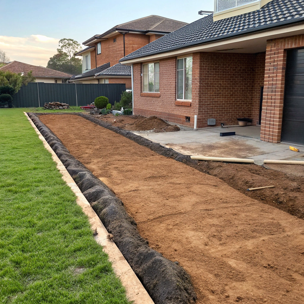 Synthetic turf base preparation showing drainage aggregate in Wollongong front yard