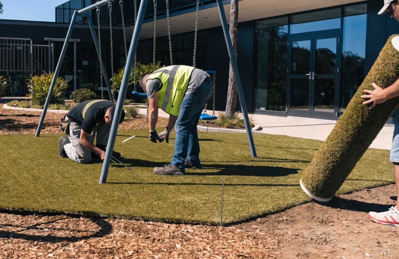AS 4422 compliant soft fall synthetic turf zone being installed beneath play equipment at an Illawarra childcare centre
