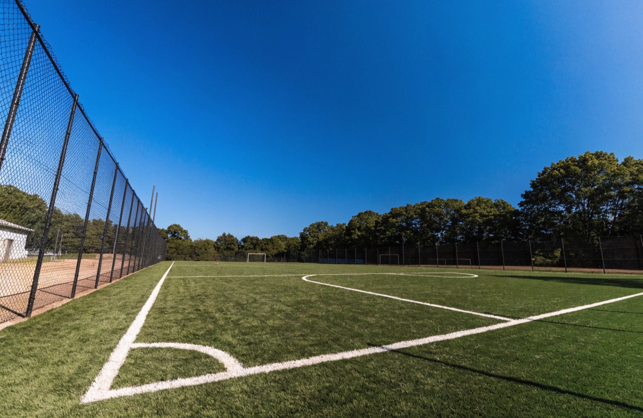 Wide-angle shot of a freshly installed synthetic grass lawn