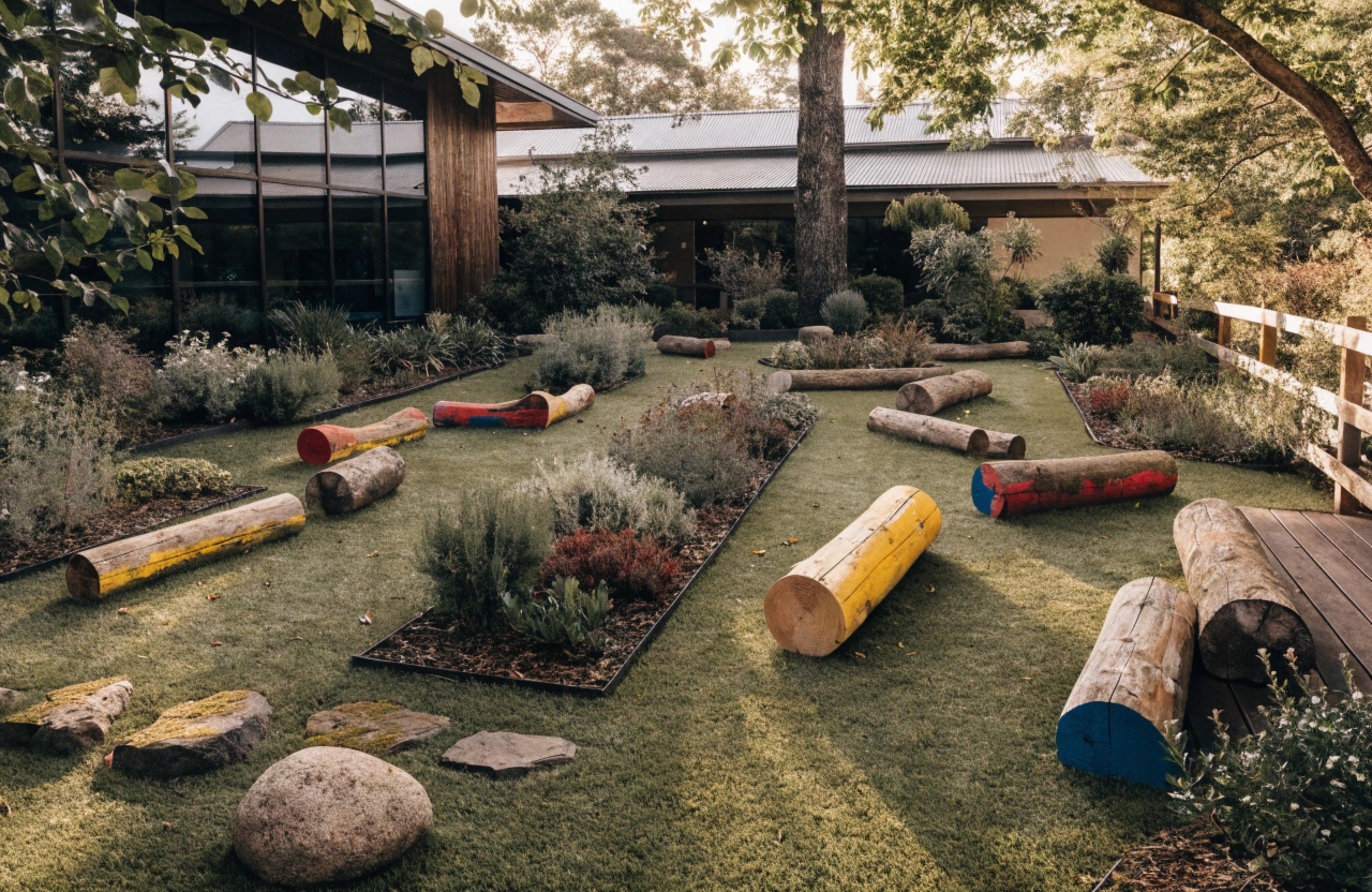 Synthetic turf integrated into a nature play and sensory garden zone at a Wollongong childcare centre