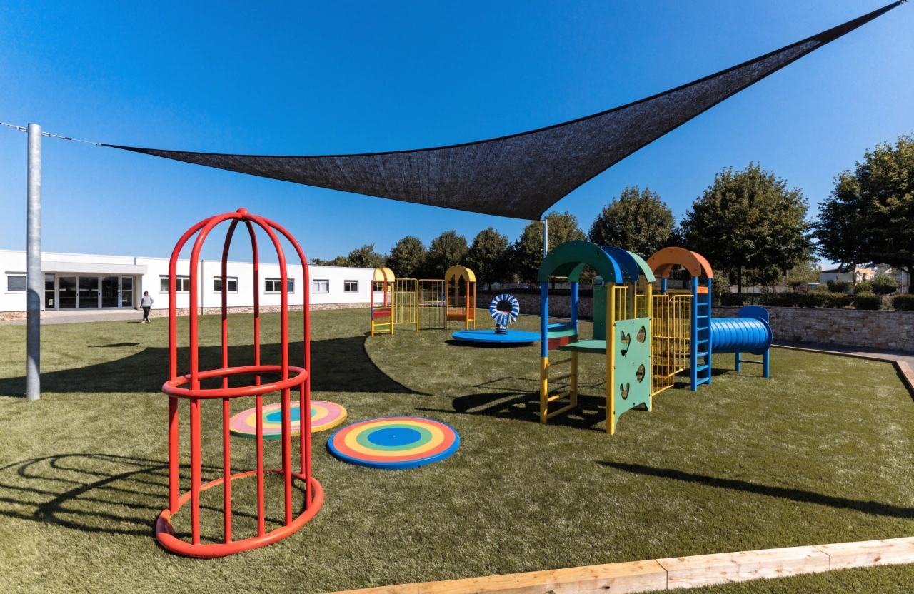 A wide shot of a bright, open childcare centre outdoor play area